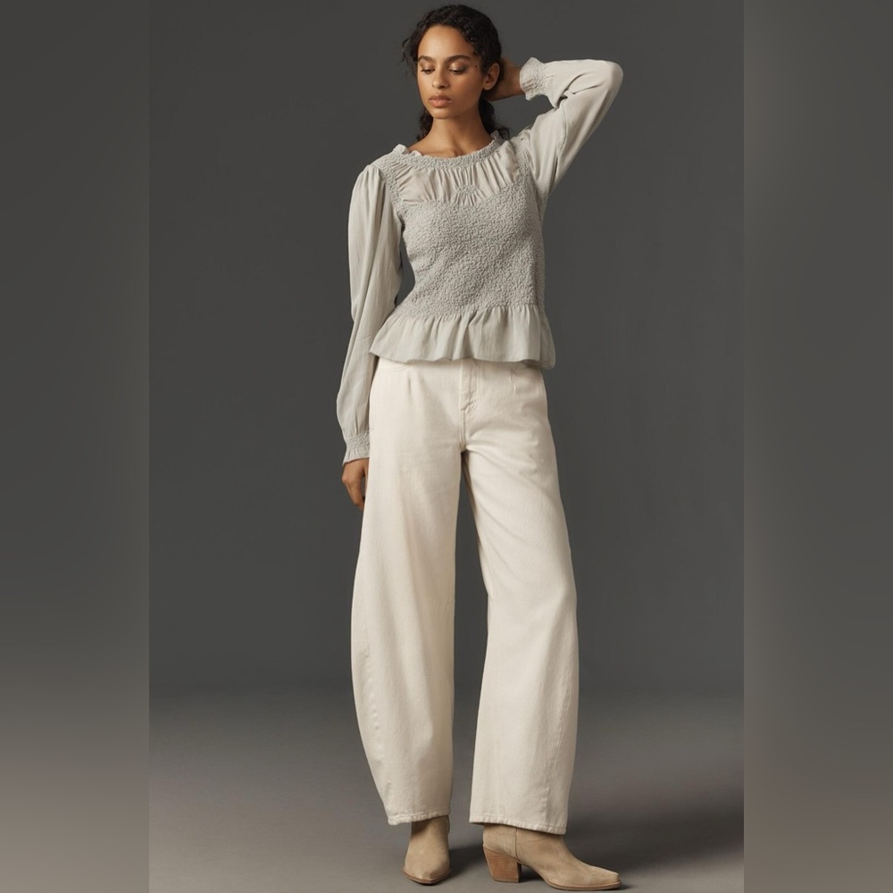 By Anthropologie Balloon-Sleeve Smocked Peplum Blouse | Small